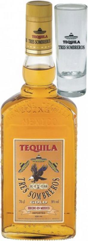 Tres Sombreros" Tequila Gold, with glass