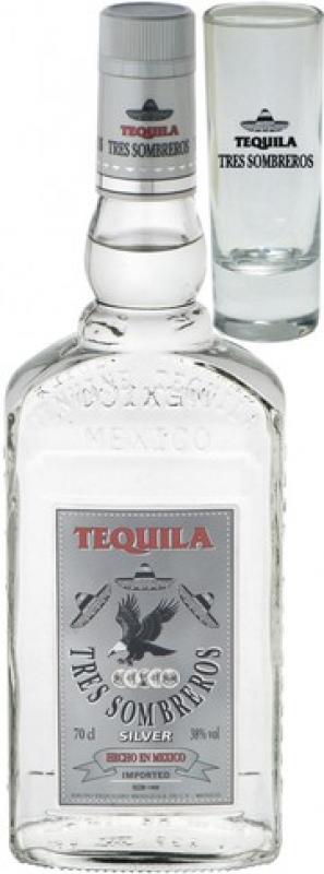 Tres Sombreros Tequila Silver, with glass
